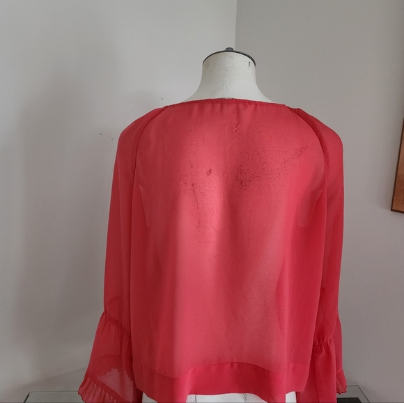 Wendy Katlen Sheer Orange Blouse With Flared Ruffled Sleeves Size Medium - Picture 6 of 11